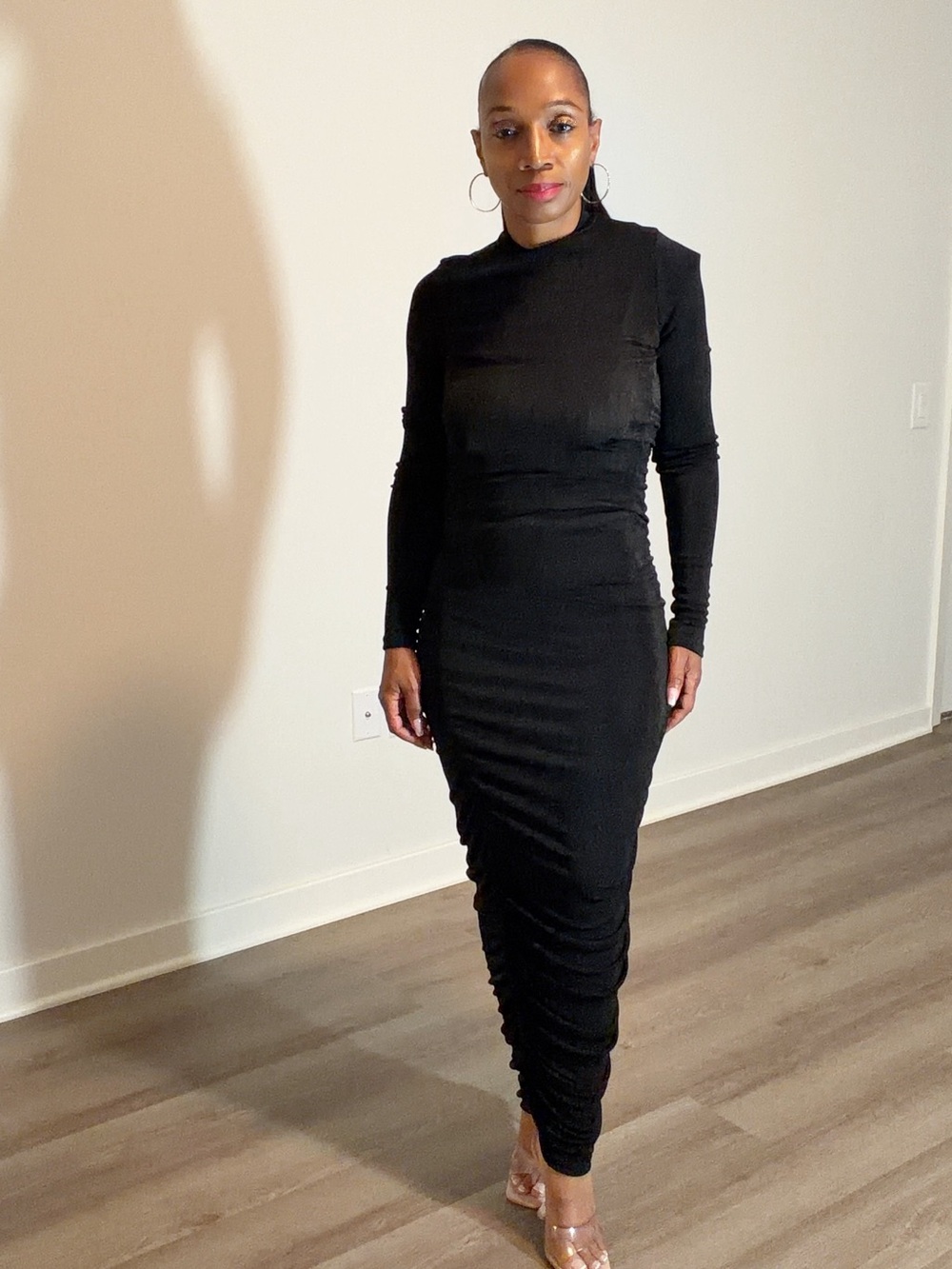 Black Long-Sleeve Ruched Maxi Dress